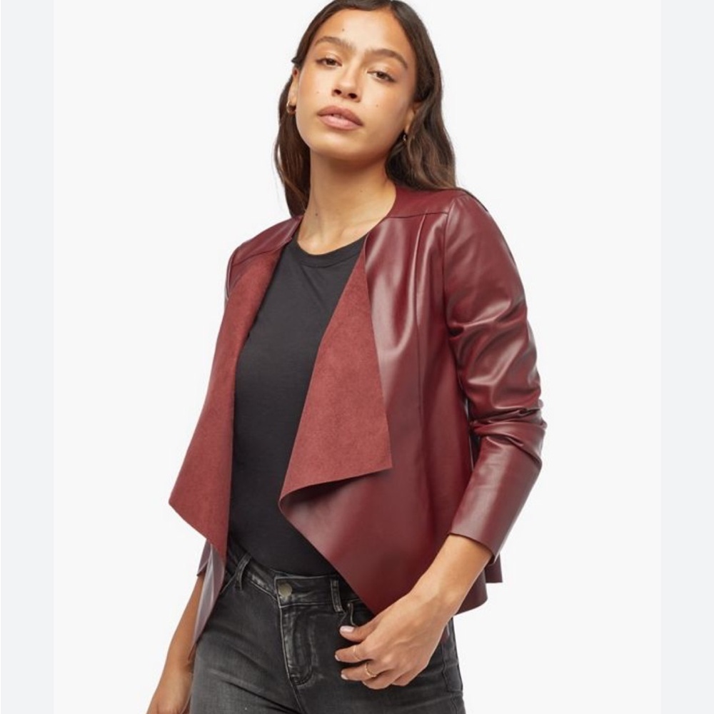 JustFab Women's Burgundy faux Leather Jacket waterfall blazer